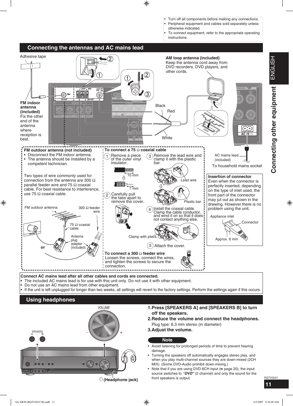 Connecting other equipment, English, Adjust the volume. 1. 2. 3 | Panasonic SA-XR59 User Manual | Page 11 / 40