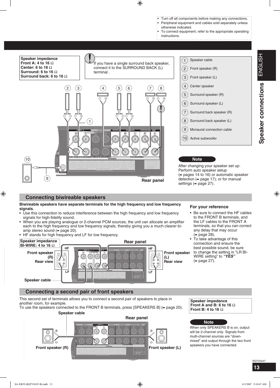 Speaker connections, English, Connecting speakers | Connecting biwireable speakers, Connecting a second pair of front speakers, Rear panel, For your reference, Pages 14 to 16) or automatic speaker detection, Page 17); or for manual settings, Page 27) | Panasonic SA-XR59 User Manual | Page 13 / 40