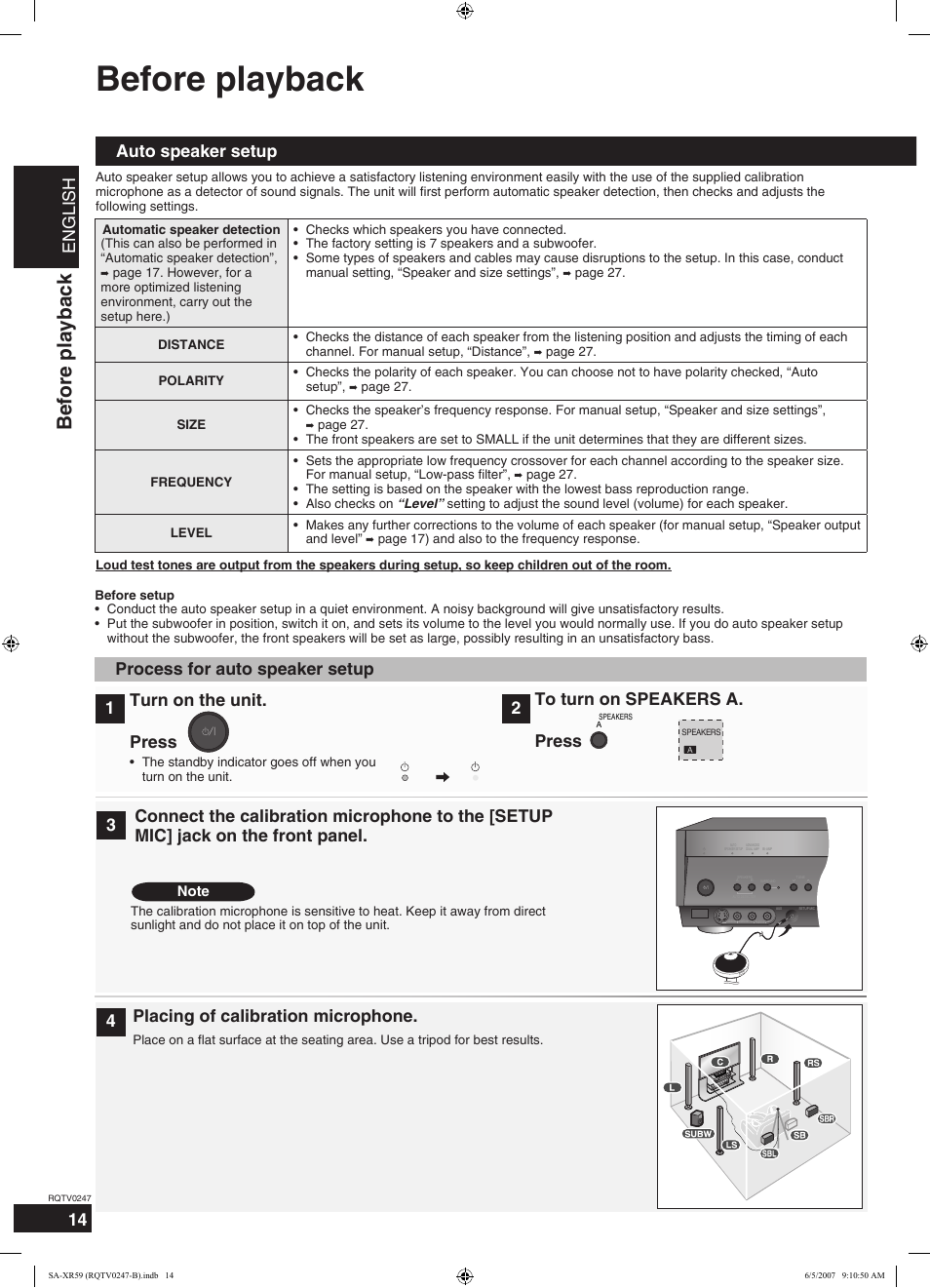 Before playback, English, Auto speaker setup | Placing of calibration microphone, 12 turn on the unit, Press | Panasonic SA-XR59 User Manual | Page 14 / 40