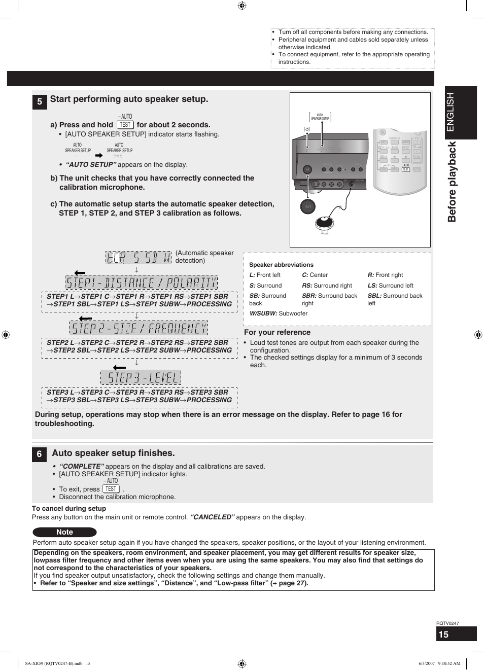 Before playback, English, A) press and hold for about 2 seconds | For your reference, Automatic speaker detection), Page 27) | Panasonic SA-XR59 User Manual | Page 15 / 40