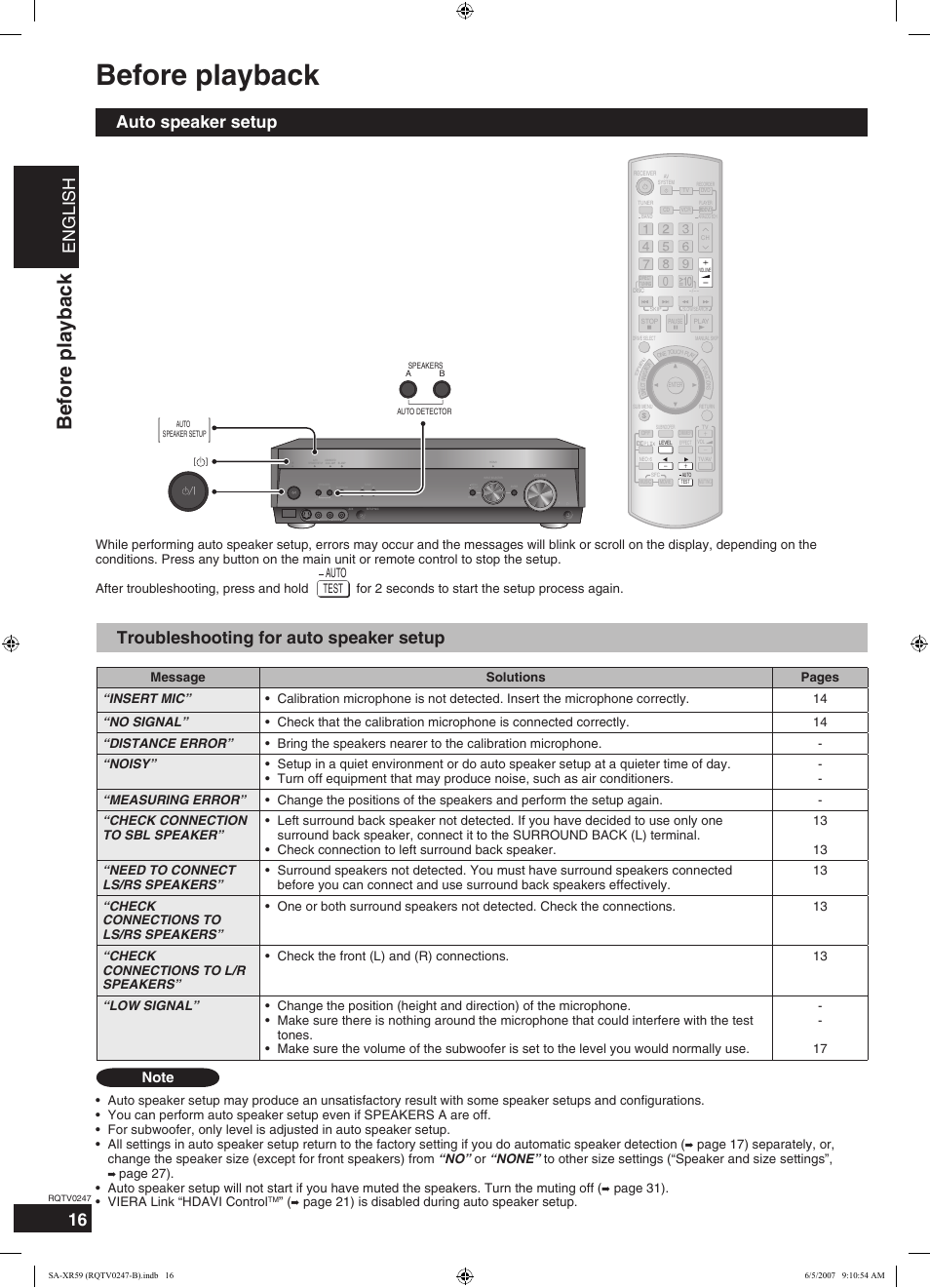 Before playback, English, Troubleshooting for auto speaker setup | Auto speaker setup, Page 31). viera link “hdavi control, Page 21) is disabled during auto speaker setup | Panasonic SA-XR59 User Manual | Page 16 / 40