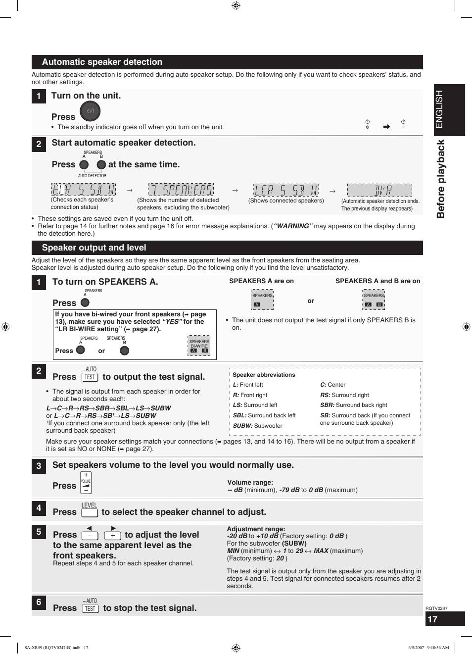 Before playback, English, Speaker output and level | Press 1, Press to output the test signal, 45 press to stop the test signal. 6, Automatic speaker detection, Turn on the unit, Press, Start automatic speaker detection | Panasonic SA-XR59 User Manual | Page 17 / 40