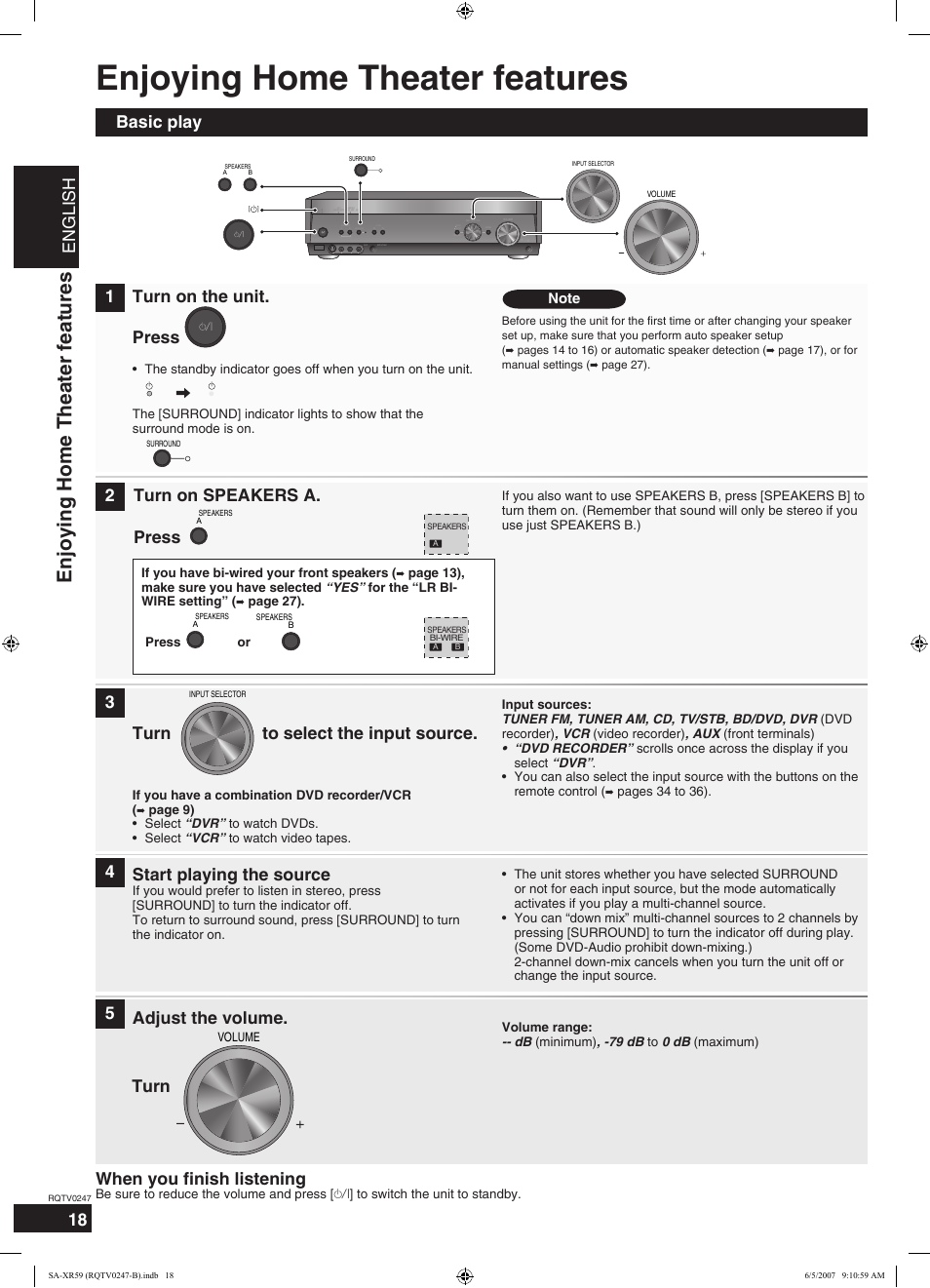 Enjoying home theater features, English, Basic play turn on the unit. press | Turn to select the input source, Start playing the source, Adjust the volume, When you finish listening, Turn | Panasonic SA-XR59 User Manual | Page 18 / 40