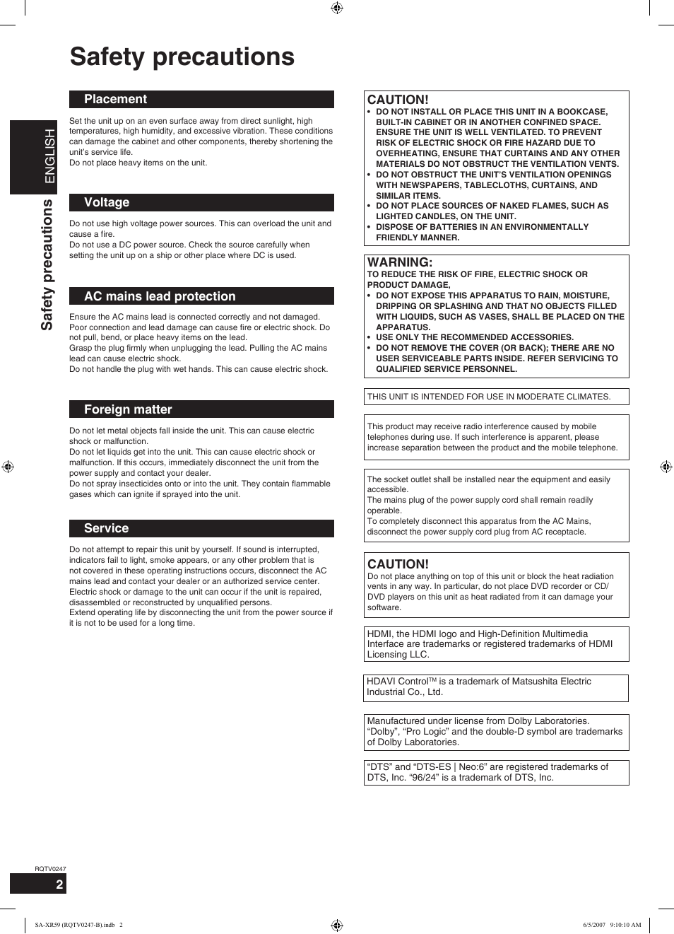 Safety precautions, English, Placement voltage | Ac mains lead protection, Foreign matter, Service, Caution, Warning | Panasonic SA-XR59 User Manual | Page 2 / 40