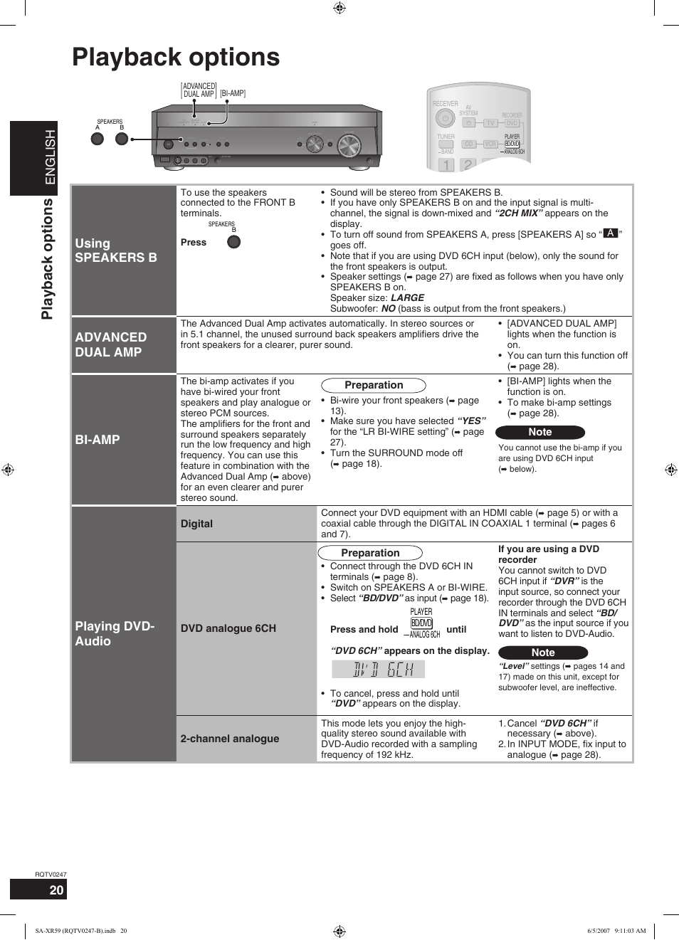 Playback options, English, Using speakers b | Advanced dual amp, Bi-amp, Playing dvd- audio | Panasonic SA-XR59 User Manual | Page 20 / 40