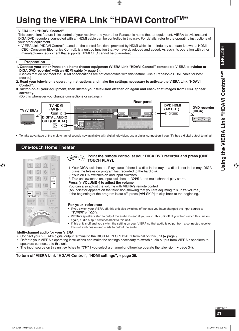 Using the viera link “hdavi control, English, One-touch home theater | Preparation rear panel, Page 29, Page 34) | Panasonic SA-XR59 User Manual | Page 21 / 40