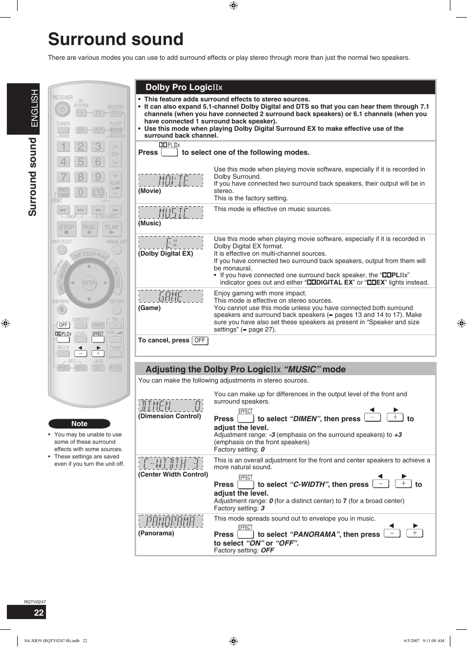 Surround sound, English, Dolby pro logic ιιx | Adjusting the dolby pro logic ιιx “music” mode | Panasonic SA-XR59 User Manual | Page 22 / 40