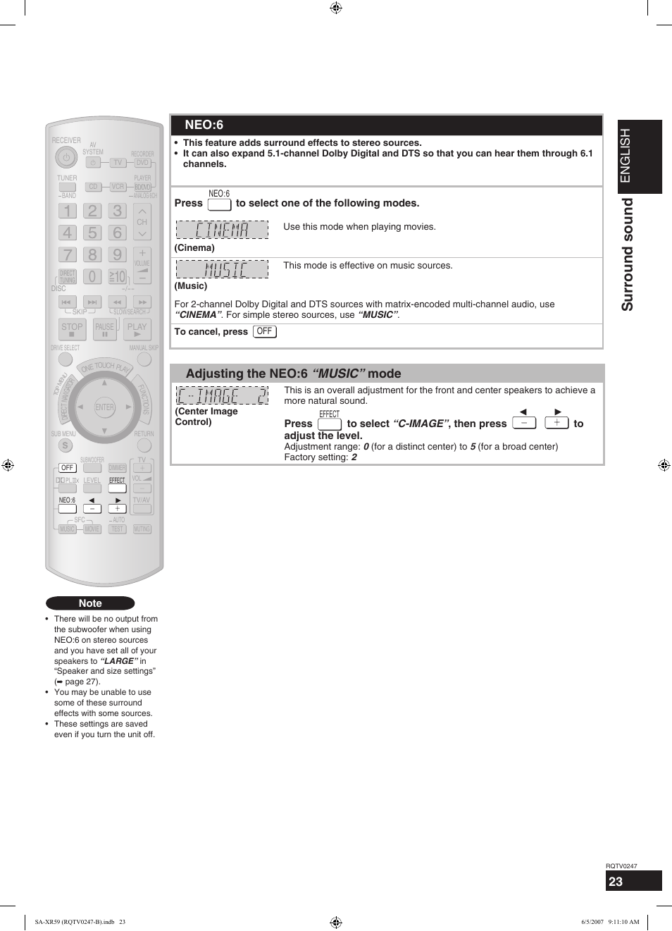 Surround sound, English, 23 dolby pro logic ιιx | Neo:6, Adjusting the neo:6 “music” mode | Panasonic SA-XR59 User Manual | Page 23 / 40