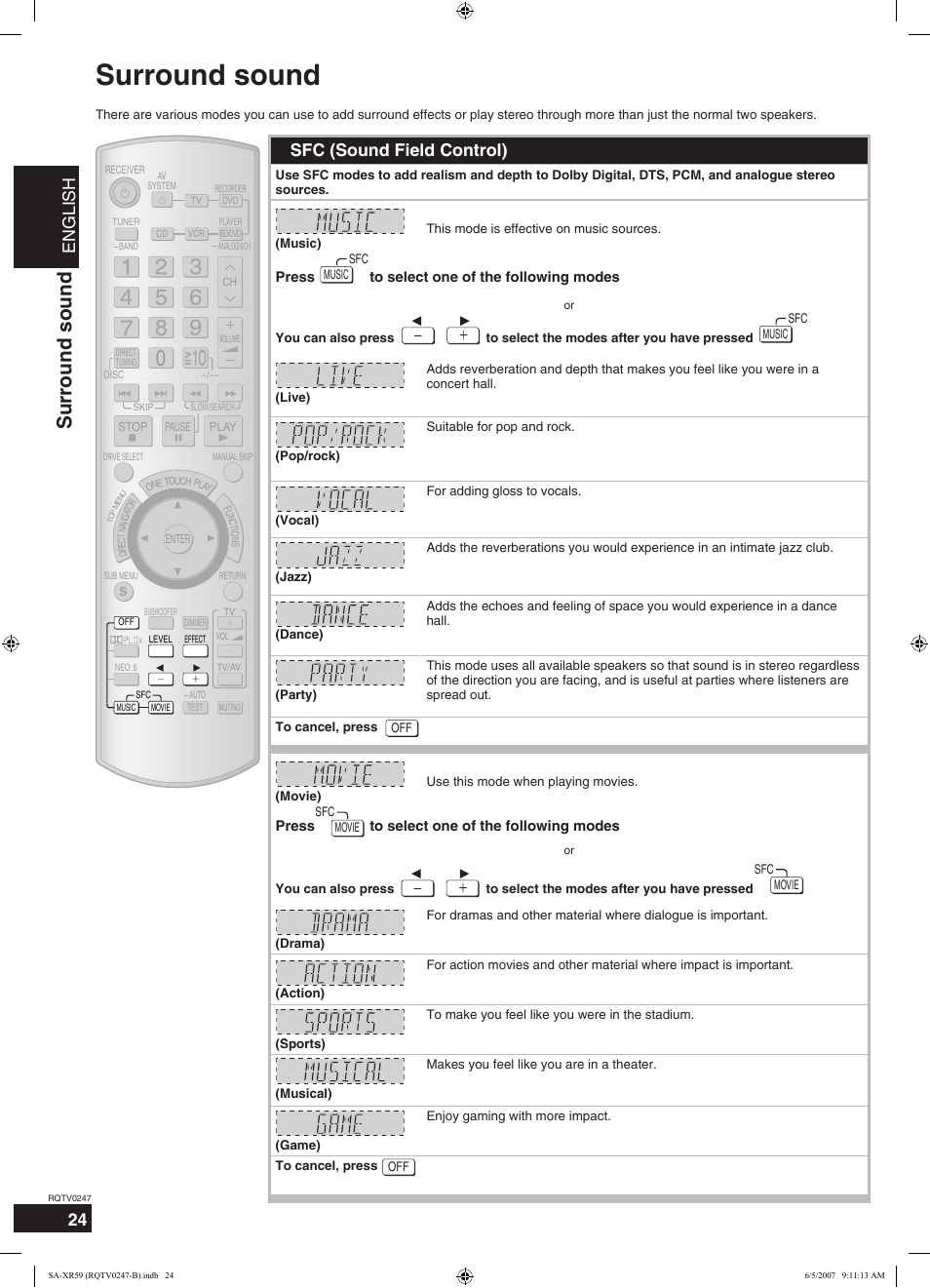 Surround sound, English, Sfc (sound field control) | Panasonic SA-XR59 User Manual | Page 24 / 40