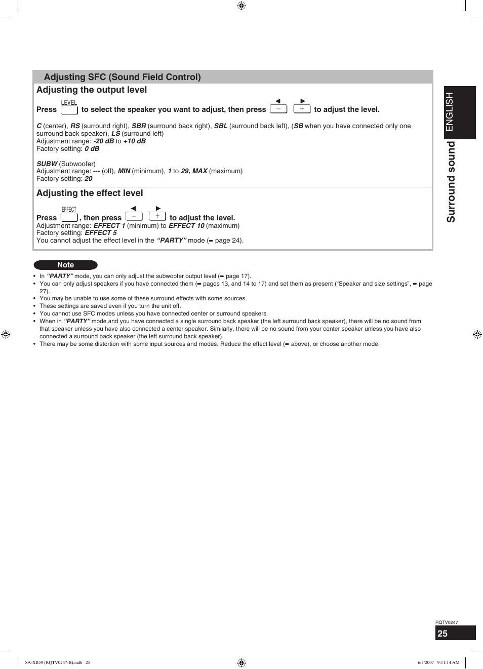 Surround sound, English, Sfc (sound field control) | Adjusting the effect level | Panasonic SA-XR59 User Manual | Page 25 / 40