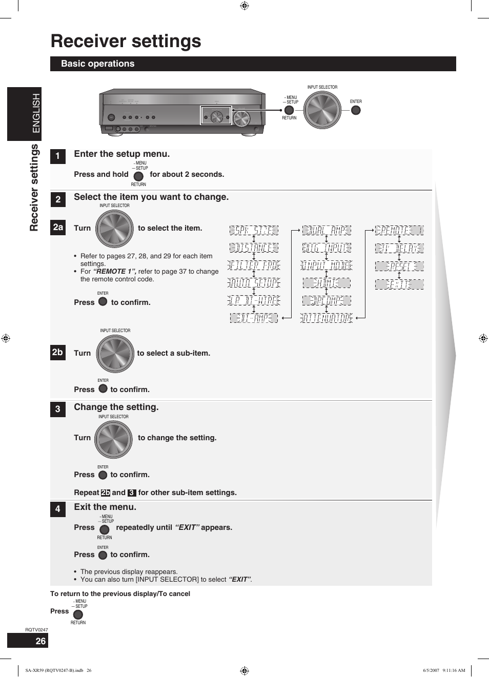 Receiver settings, English, Basic operations 1 2 3 4 enter the setup menu | Select the item you want to change, Change the setting, Exit the menu | Panasonic SA-XR59 User Manual | Page 26 / 40