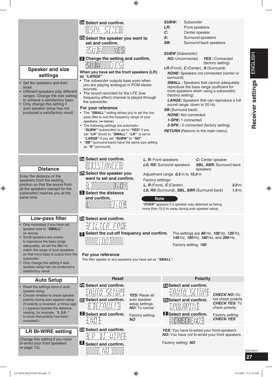 Receiver settings, English, Auto setup | Panasonic SA-XR59 User Manual | Page 27 / 40