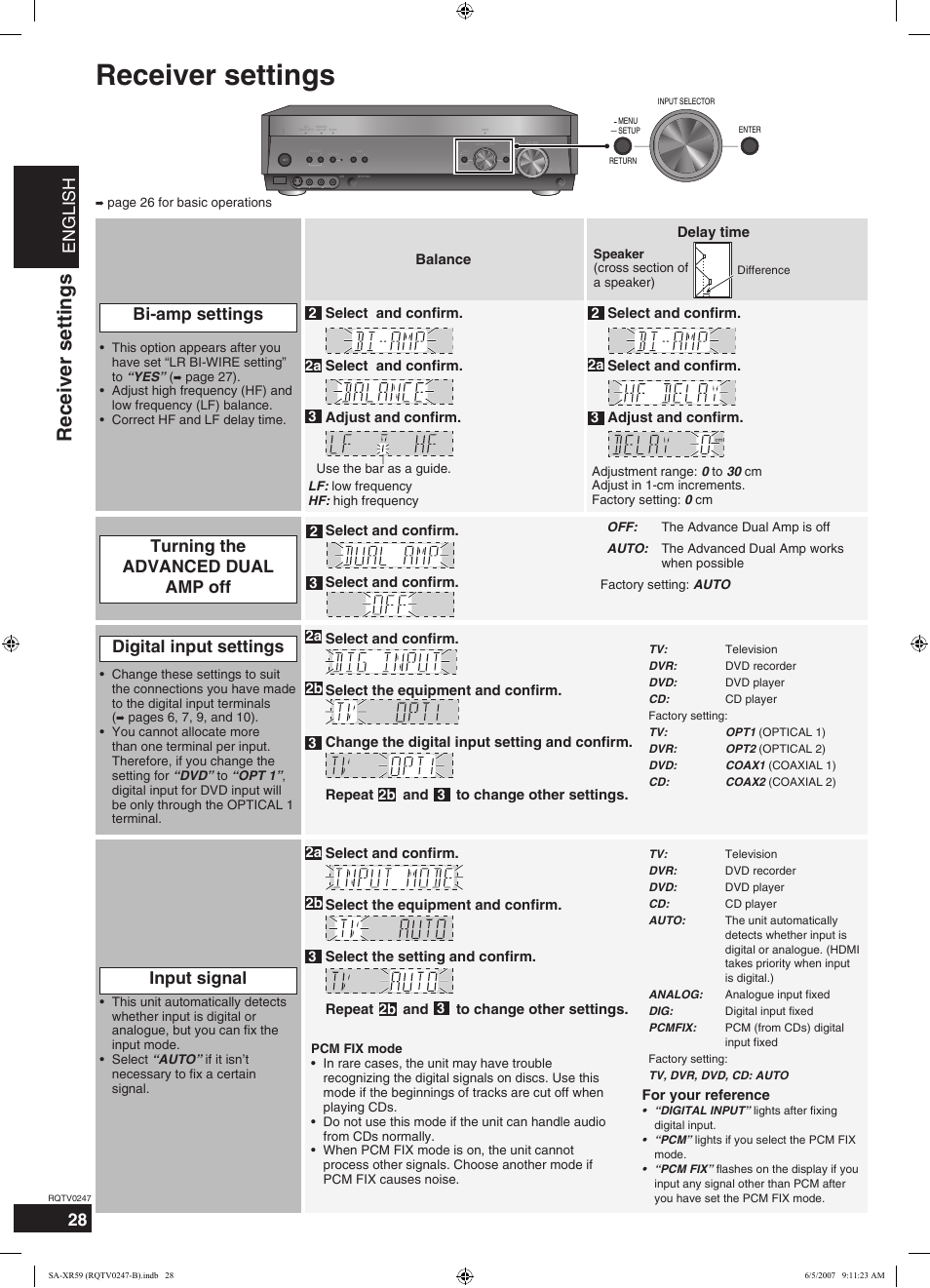 Receiver settings, English, Turning the advanced dual amp off | Panasonic SA-XR59 User Manual | Page 28 / 40