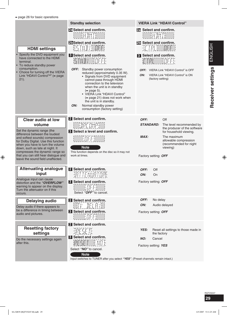 Receiver settings, English | Panasonic SA-XR59 User Manual | Page 29 / 40