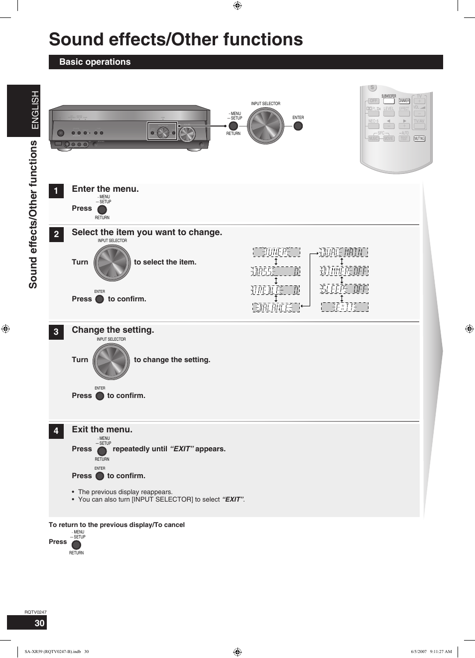 Sound effects/other functions, English, Basic operations 1 2 3 4 enter the menu | Select the item you want to change, Change the setting, Exit the menu, Press, Turn to select the item, Turn to change the setting. press to confirm, Press to confirm | Panasonic SA-XR59 User Manual | Page 30 / 40