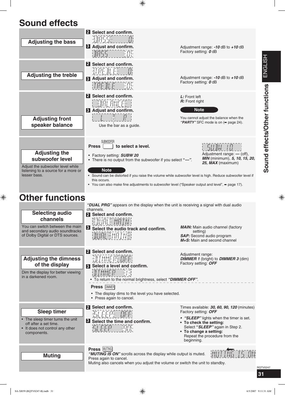 Other functions sound effects, Sound effects/other functions | Panasonic SA-XR59 User Manual | Page 31 / 40