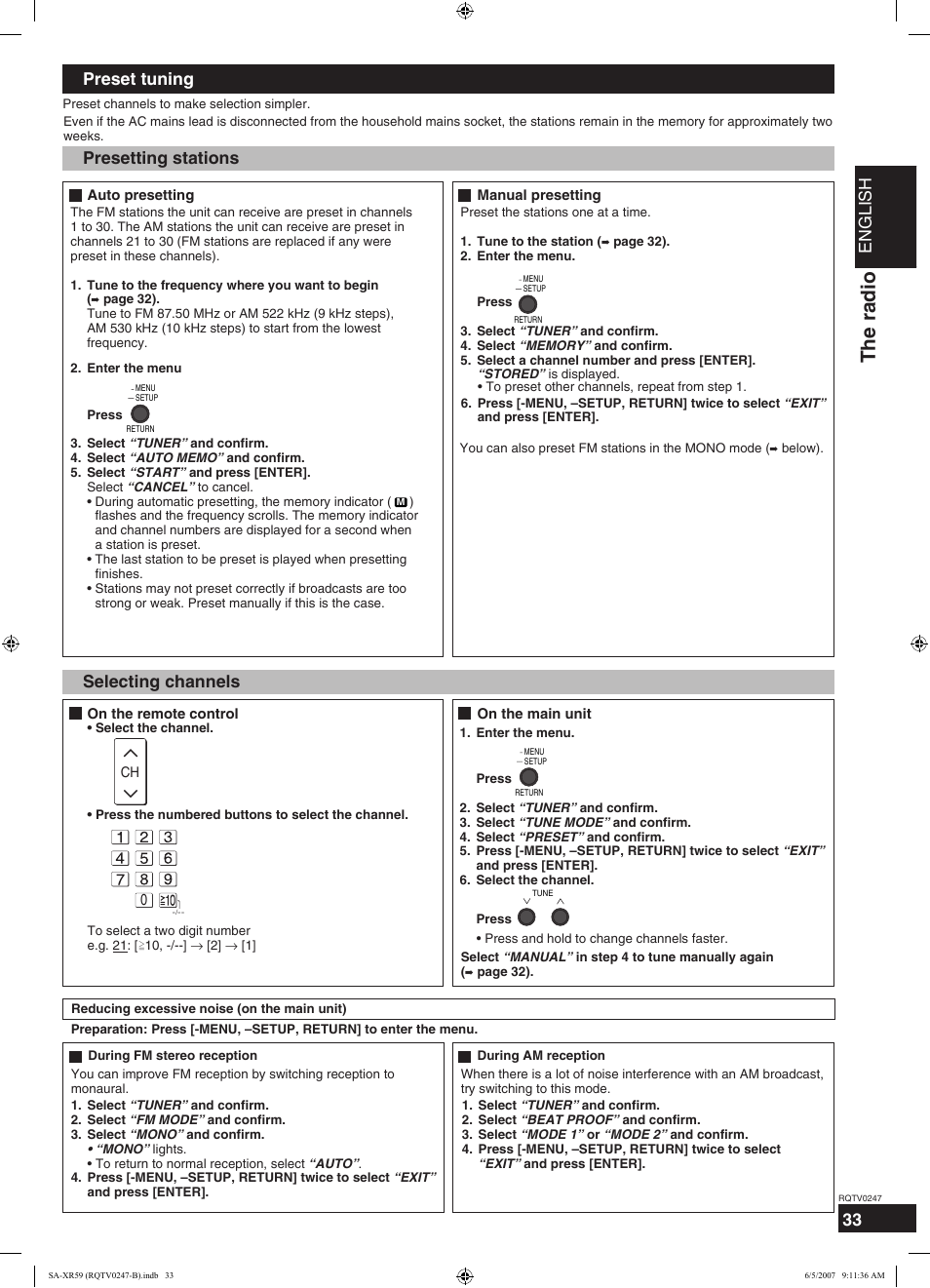 The radio, English, Preset tuning presetting stations | Selecting channels | Panasonic SA-XR59 User Manual | Page 33 / 40