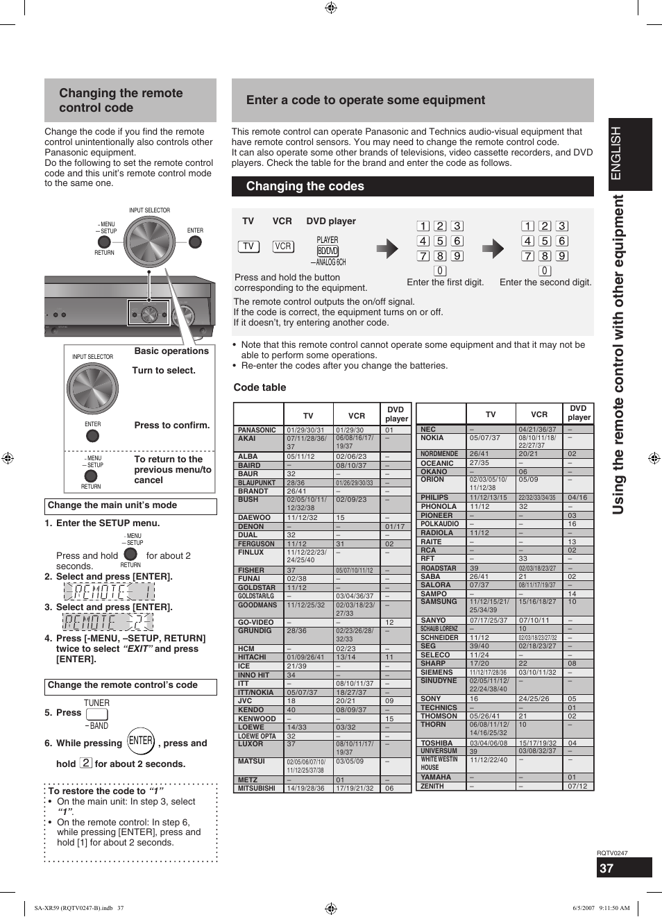 Using the remote control with other equipment, English, Changing the remote control code | Enter a code to operate some equipment, Changing the codes, Enter, Code table | Panasonic SA-XR59 User Manual | Page 37 / 40