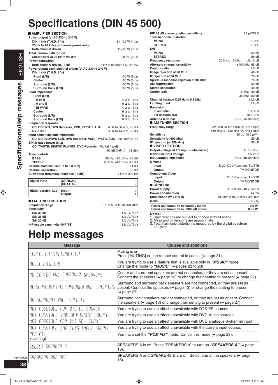 Help messages, Specifications/help messages, English | Panasonic SA-XR59 User Manual | Page 38 / 40