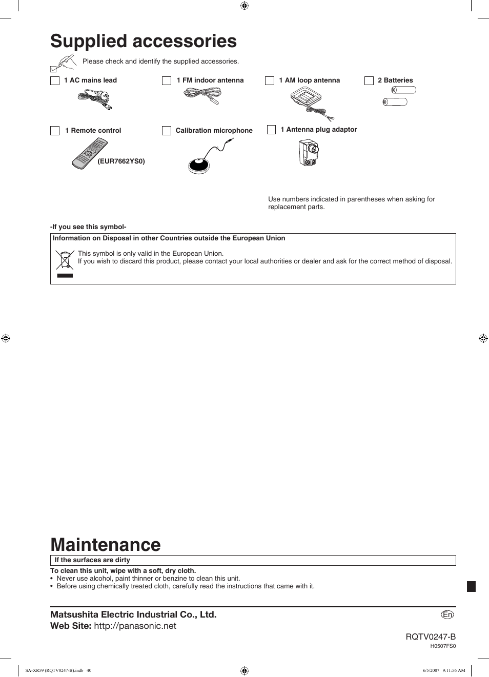 Supplied accessories, Maintenance | Panasonic SA-XR59 User Manual | Page 40 / 40