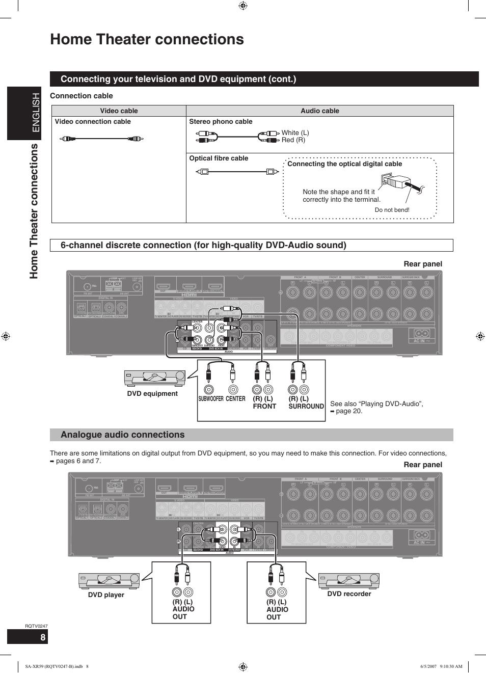 Home theater connections, English, Analogue audio connections | Connection cable, Rear panel, Pages 6 and 7, Do not bend | Panasonic SA-XR59 User Manual | Page 8 / 40