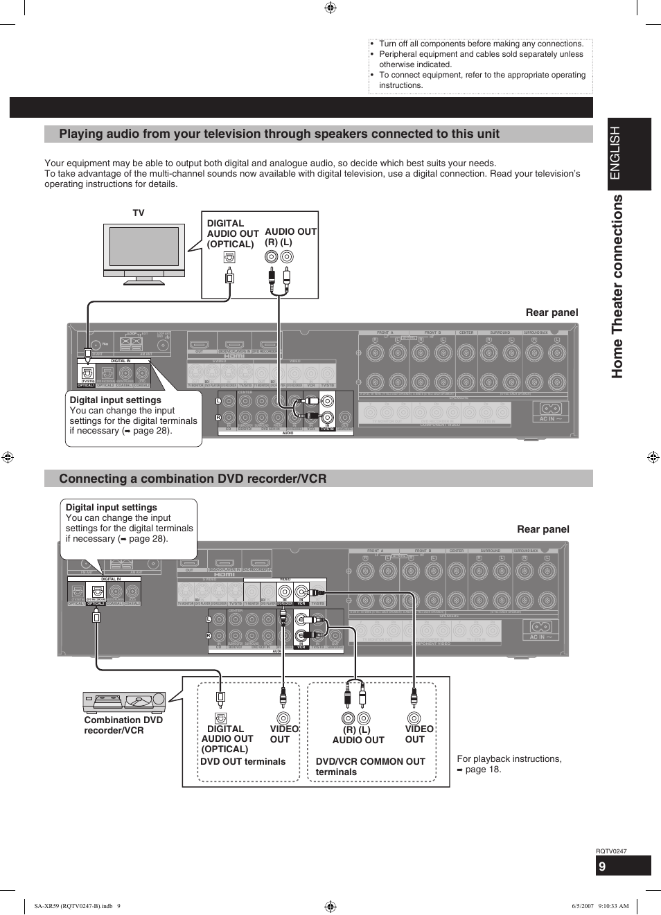 Home theater connections, English, Connecting a combination dvd recorder/vcr | Rear panel, Page 28), Page 18, Digital (r) (l) | Panasonic SA-XR59 User Manual | Page 9 / 40