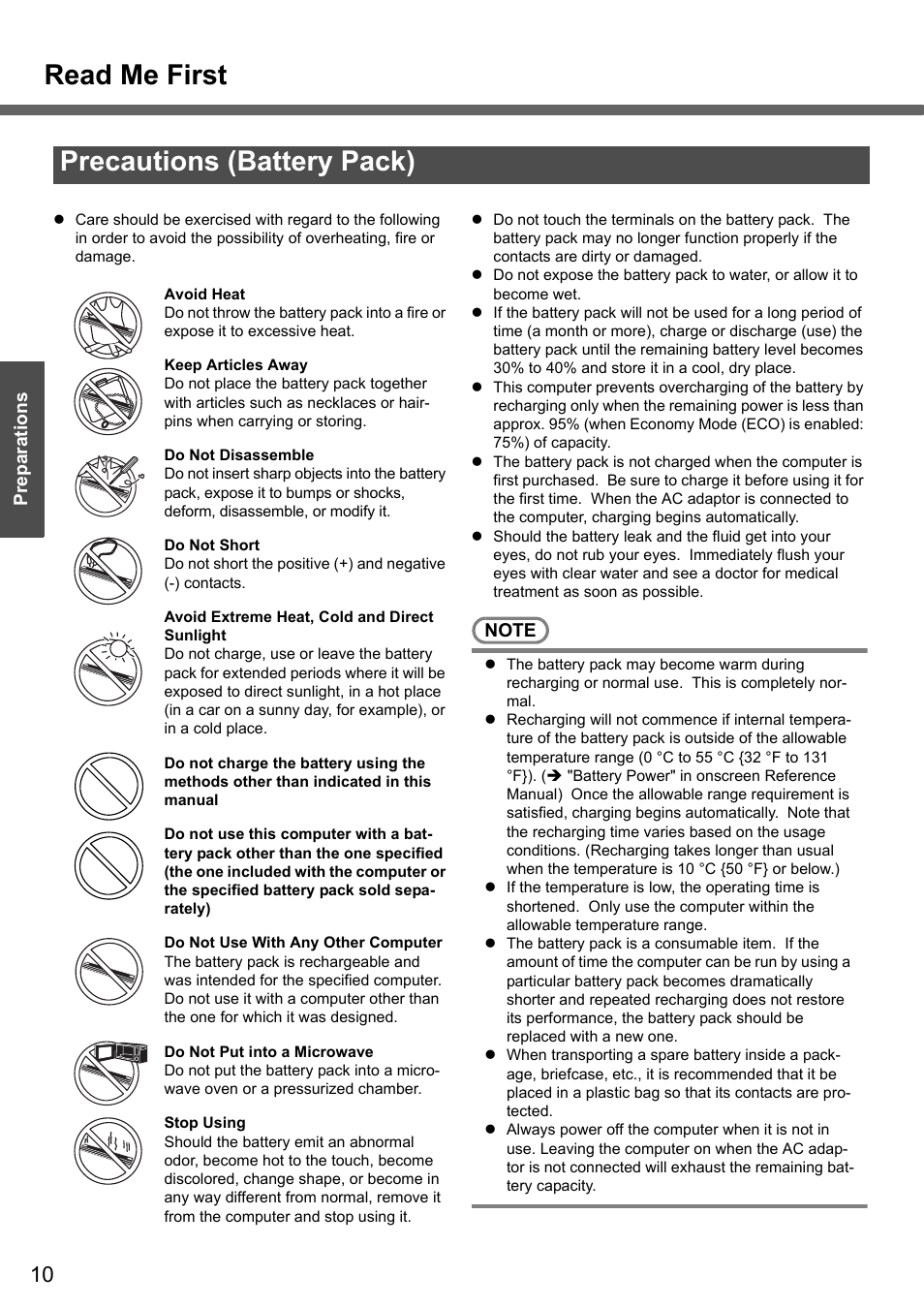 Precautions (battery pack), Read me first | Panasonic CF-Y4 User Manual | Page 10 / 68