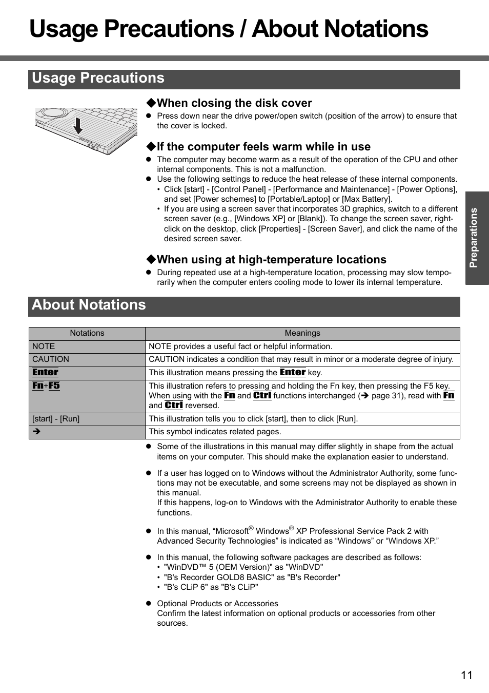 Usage precautions / about notations, Usage precautions about notations, When closing the disk cover | If the computer feels warm while in use, When using at high-temperature locations | Panasonic CF-Y4 User Manual | Page 11 / 68