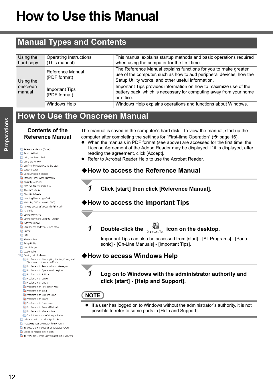 How to use this manual, Manual types and contents, How to use the onscreen manual | Panasonic CF-Y4 User Manual | Page 12 / 68