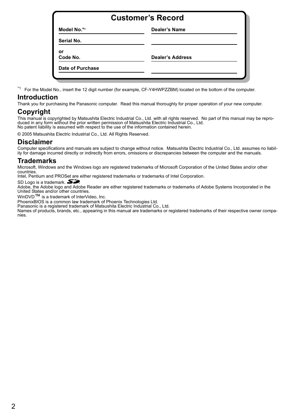 Customer’s record, Introduction, Copyright | Disclaimer, Trademarks | Panasonic CF-Y4 User Manual | Page 2 / 68