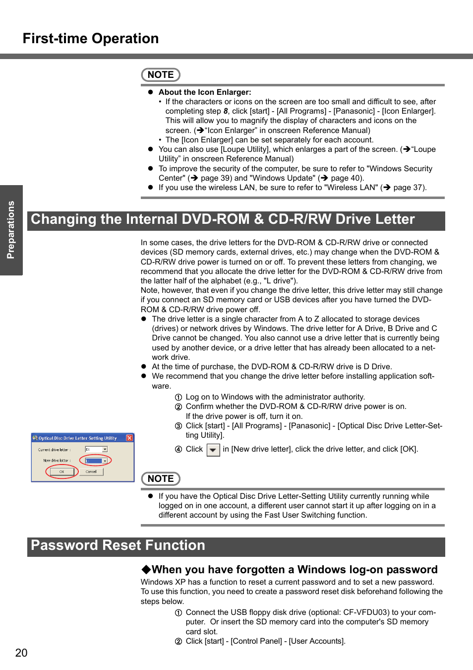 First-time operation, When you have forgotten a windows log-on password | Panasonic CF-Y4 User Manual | Page 20 / 68