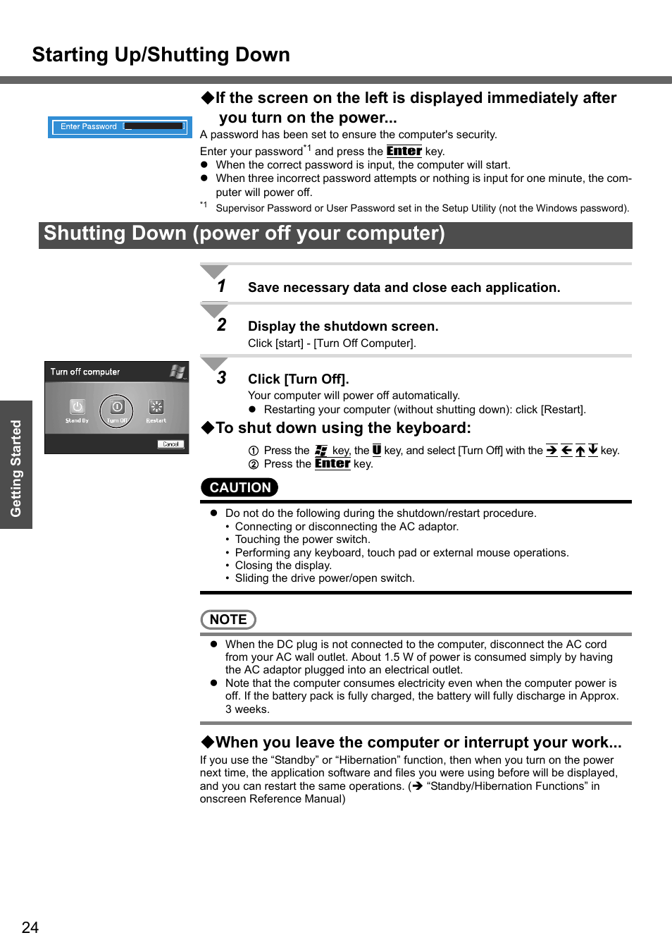 Starting up/shutting down, Shutting down (power off your computer), When you leave the computer or interrupt your work | Panasonic CF-Y4 User Manual | Page 24 / 68