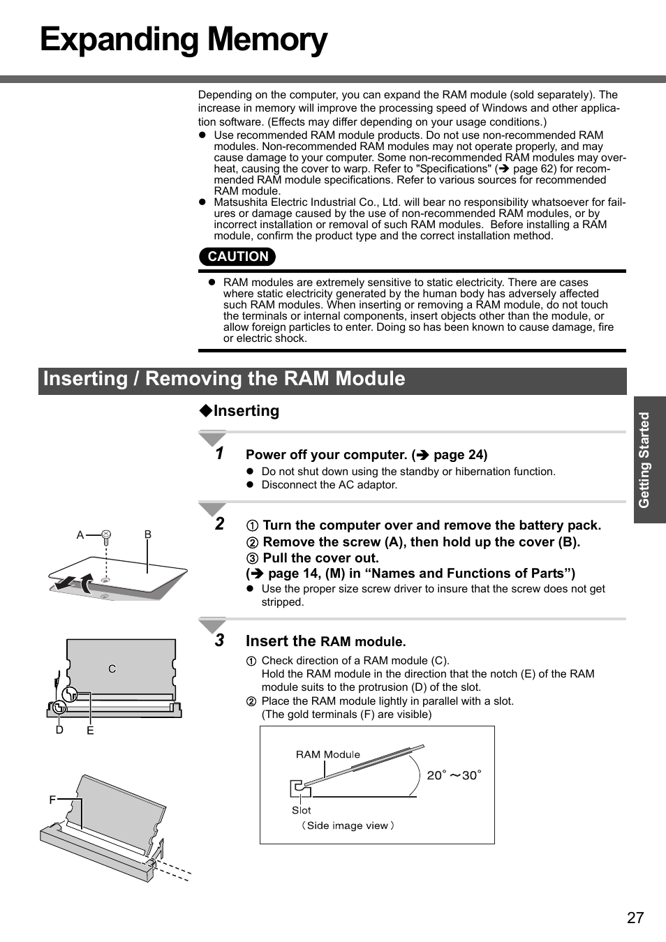 Inserting / removing the ram module, Inserting, Insert the | Panasonic CF-Y4 User Manual | Page 27 / 68