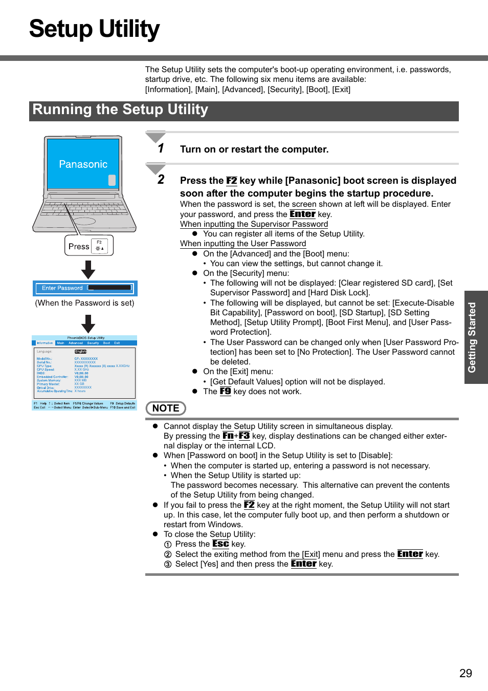 Setup utility, Running the setup utility, Getting started | Turn on or restart the computer, Press the | Panasonic CF-Y4 User Manual | Page 29 / 68