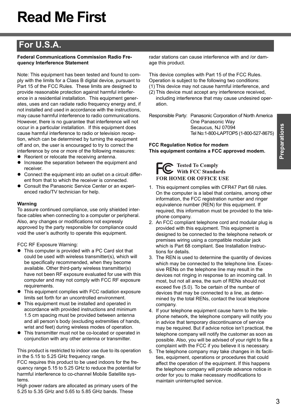 Read me first, For u.s.a | Panasonic CF-Y4 User Manual | Page 3 / 68