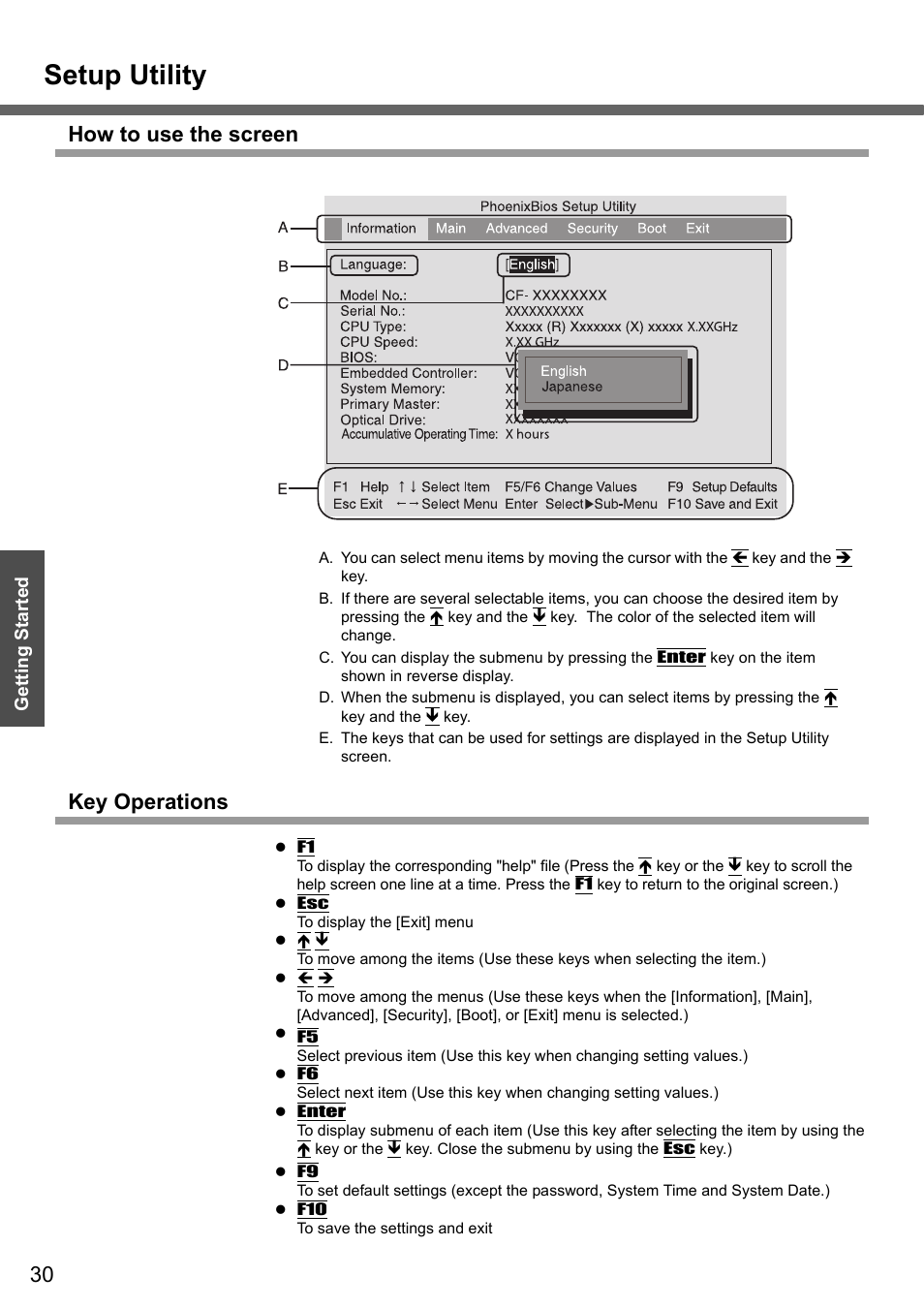 Setup utility, How to use the screen, Key operations | Panasonic CF-Y4 User Manual | Page 30 / 68