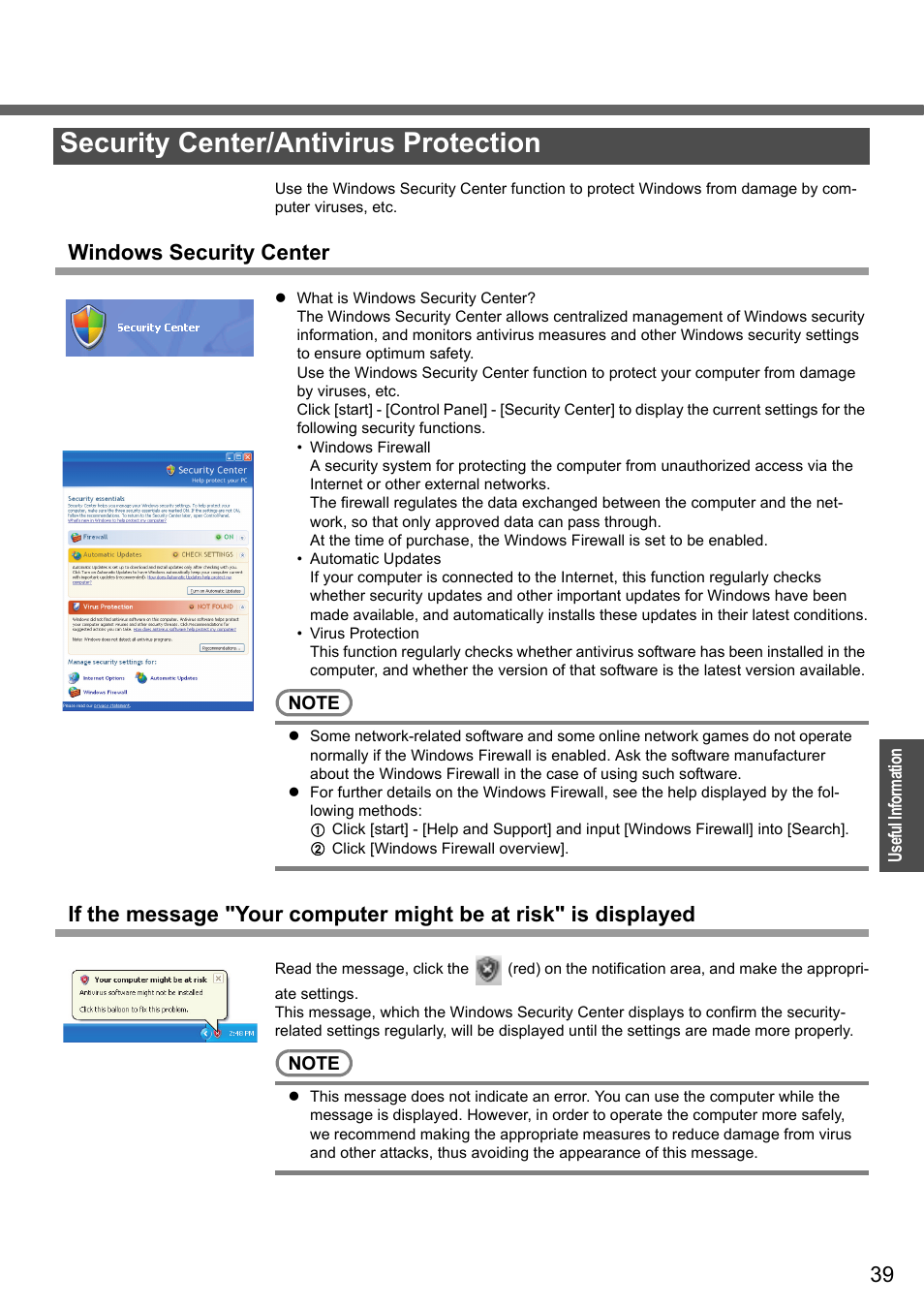 Security center/antivirus protection, Windows security center | Panasonic CF-Y4 User Manual | Page 39 / 68