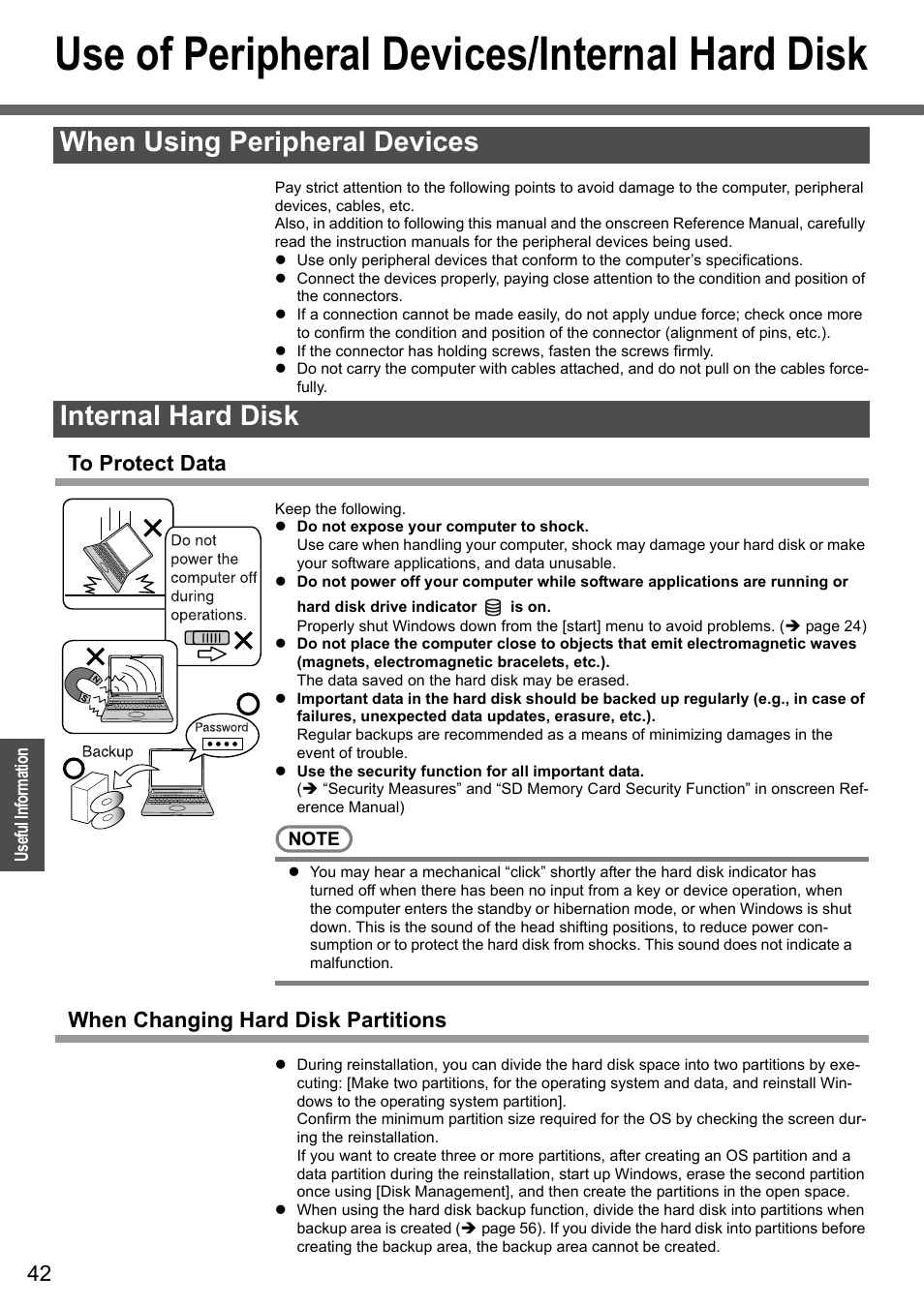 Use of peripheral devices/internal hard disk, When using peripheral devices internal hard disk, When changing hard disk partitions | Panasonic CF-Y4 User Manual | Page 42 / 68