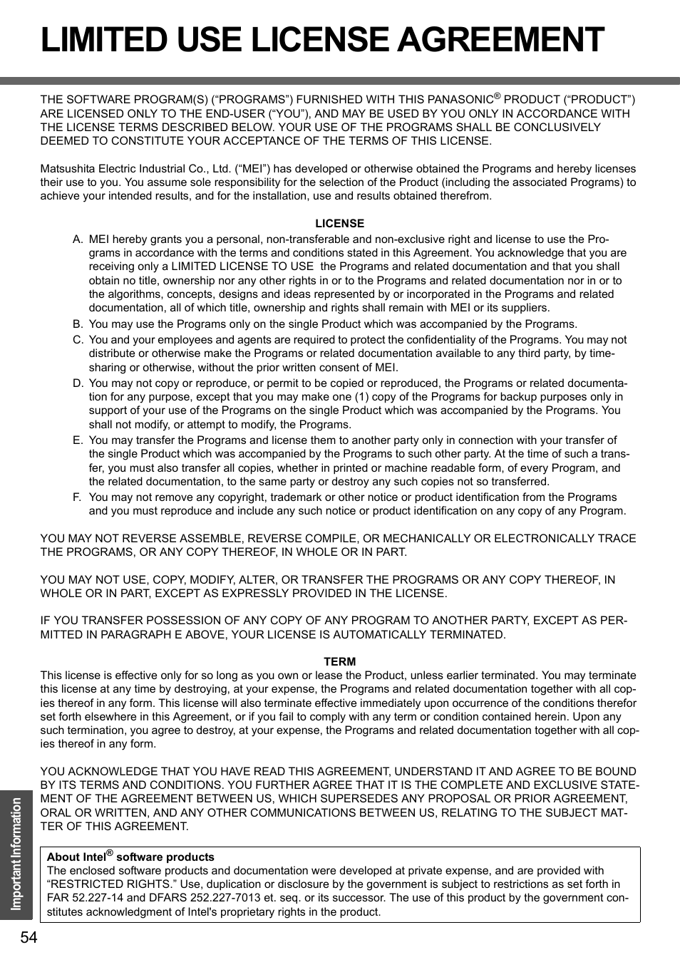 Limited use license agreement | Panasonic CF-Y4 User Manual | Page 54 / 68