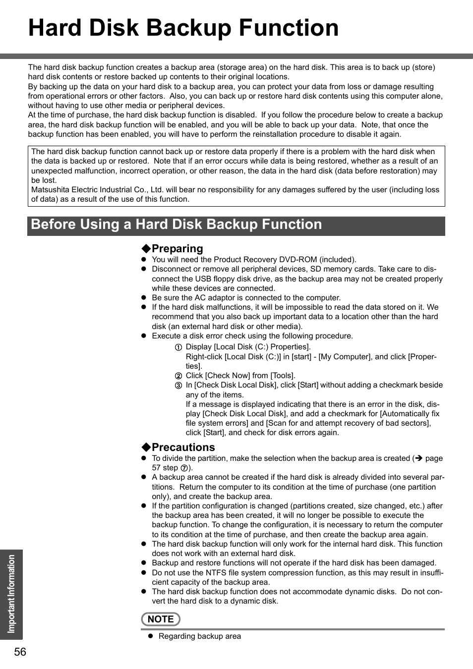 Hard disk backup function, Before using a hard disk backup function, Preparing | Precautions | Panasonic CF-Y4 User Manual | Page 56 / 68