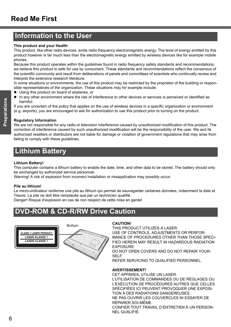 Read me first, Information to the user, Lithium battery dvd-rom & cd-r/rw drive caution | Panasonic CF-Y4 User Manual | Page 6 / 68