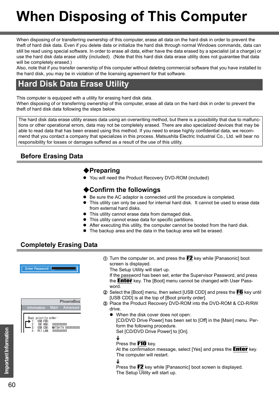 When disposing of this computer, Hard disk data erase utility, Before erasing data  preparing | Confirm the followings, Completely erasing data | Panasonic CF-Y4 User Manual | Page 60 / 68