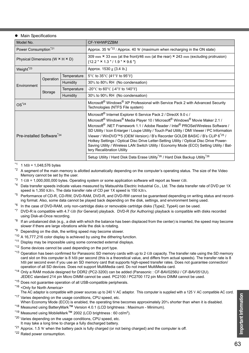 Impo rtan t information | Panasonic CF-Y4 User Manual | Page 63 / 68