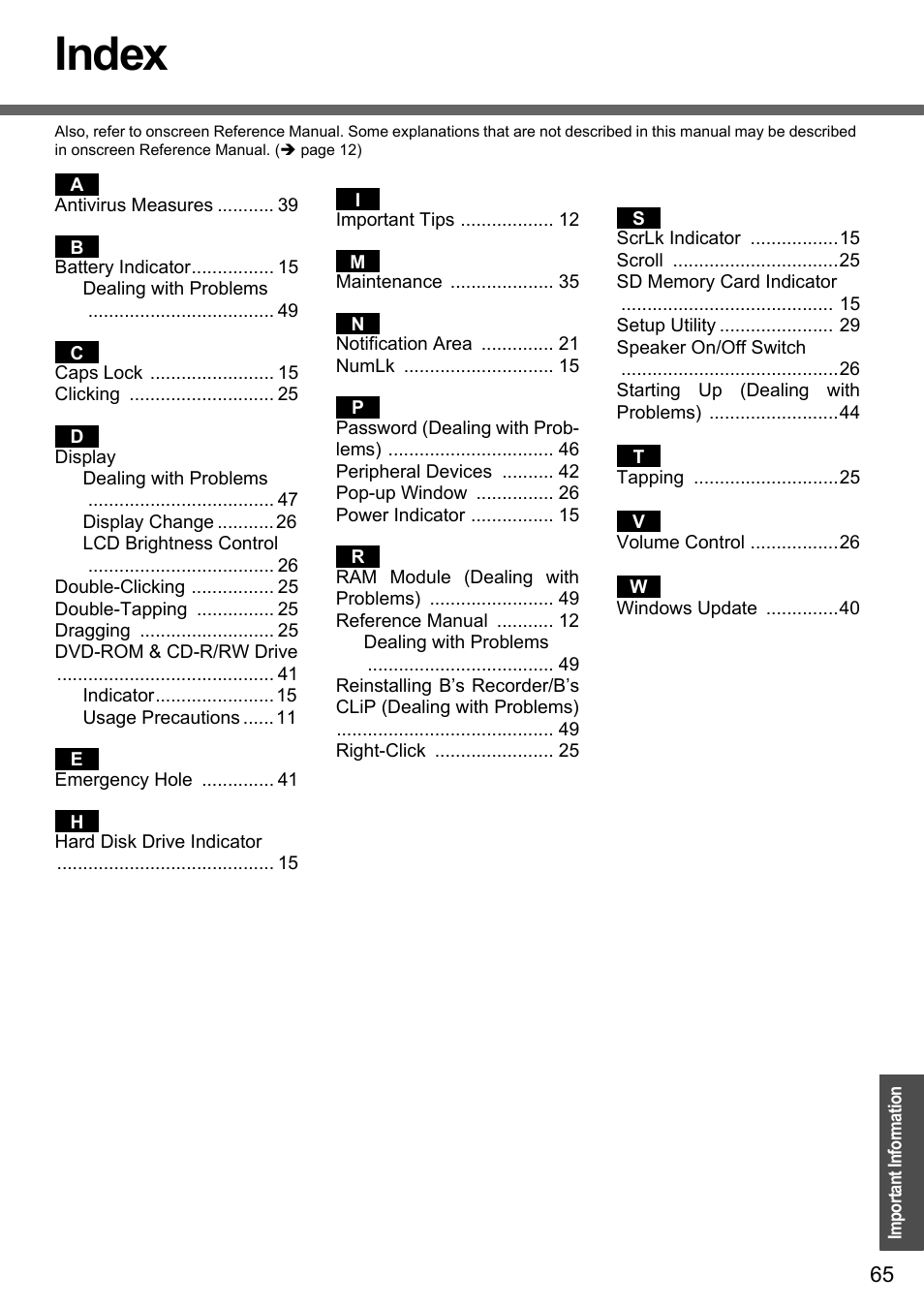 Index | Panasonic CF-Y4 User Manual | Page 65 / 68