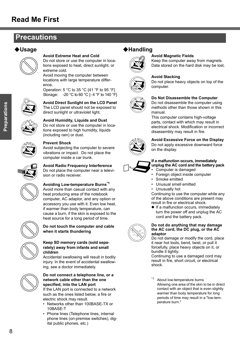 Precautions read me first, Usage, Handling | Panasonic CF-Y4 User Manual | Page 8 / 68