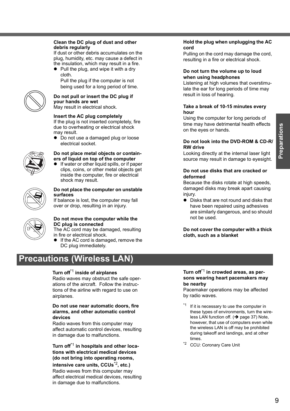 Precautions (wireless lan), Preparations | Panasonic CF-Y4 User Manual | Page 9 / 68