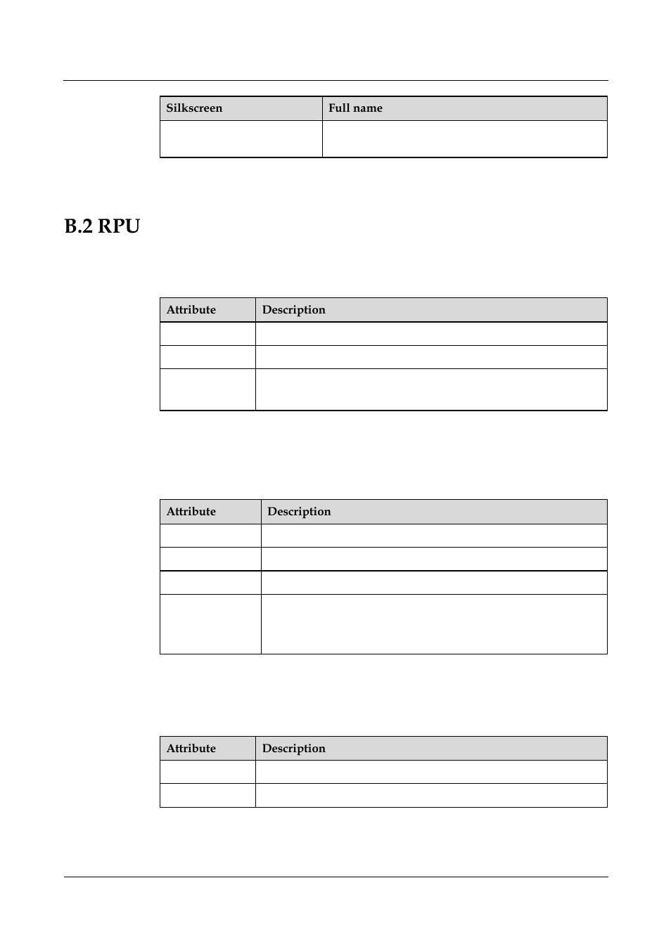 B.2 rpu, Table b-2 console interface attributes, Table b-3 aux interface attributes | Panasonic 324566-A User Manual | Page 152 / 172