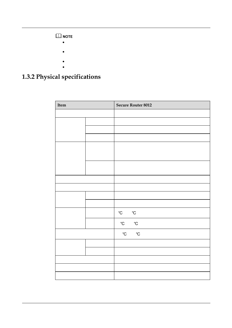 2 physical specifications, Table 1-3 physical specifications | Panasonic 324566-A User Manual | Page 30 / 172