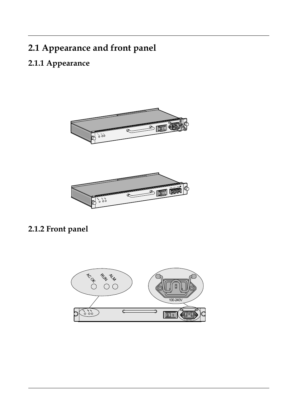 1 appearance and front panel, 1 appearance, 2 front panel | Figure 2-3 front panel of the ac power module | Panasonic 324566-A User Manual | Page 39 / 172