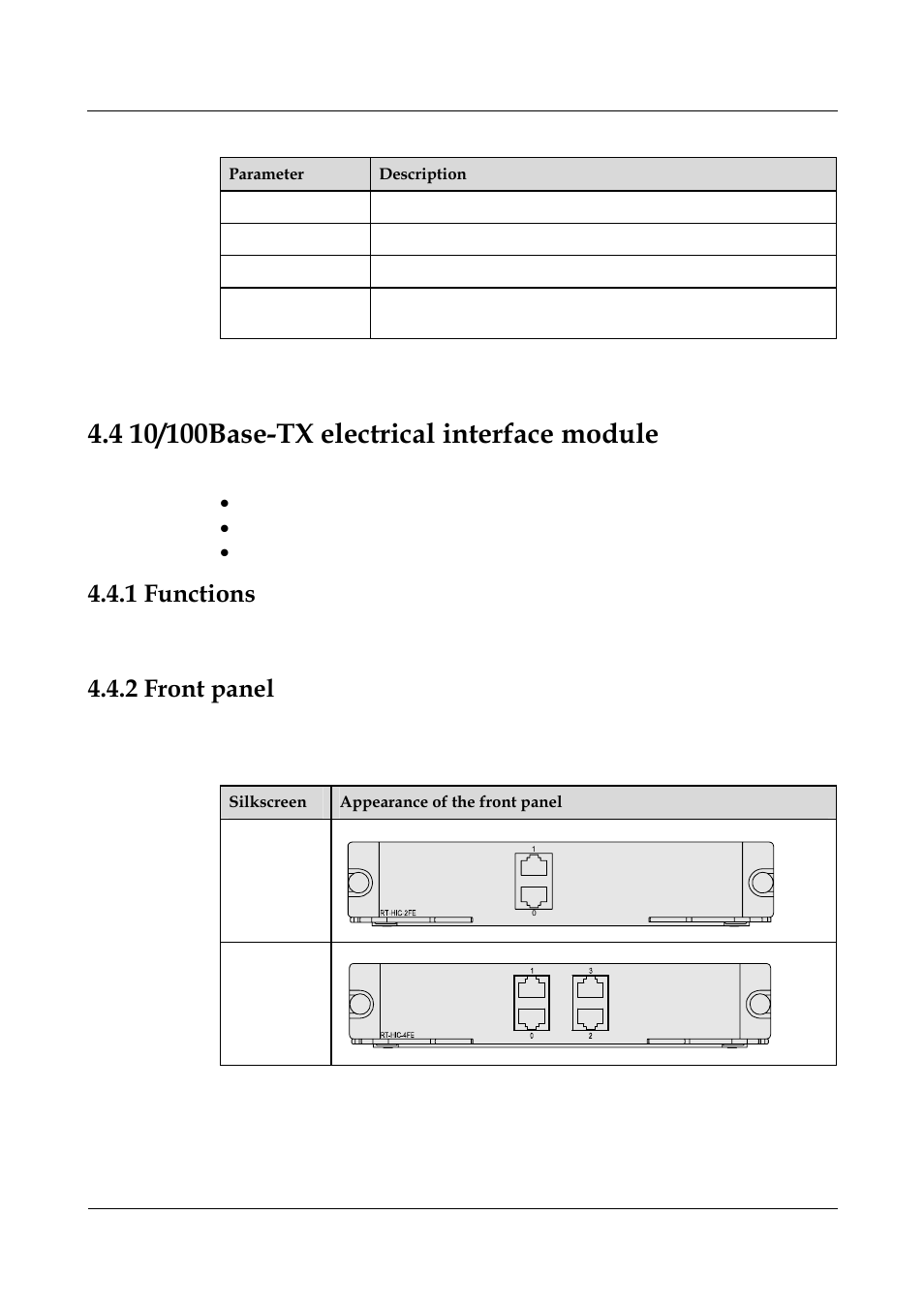 4 10/100base-tx electrical interface module, 1 functions, 2 front panel | Panasonic 324566-A User Manual | Page 77 / 172